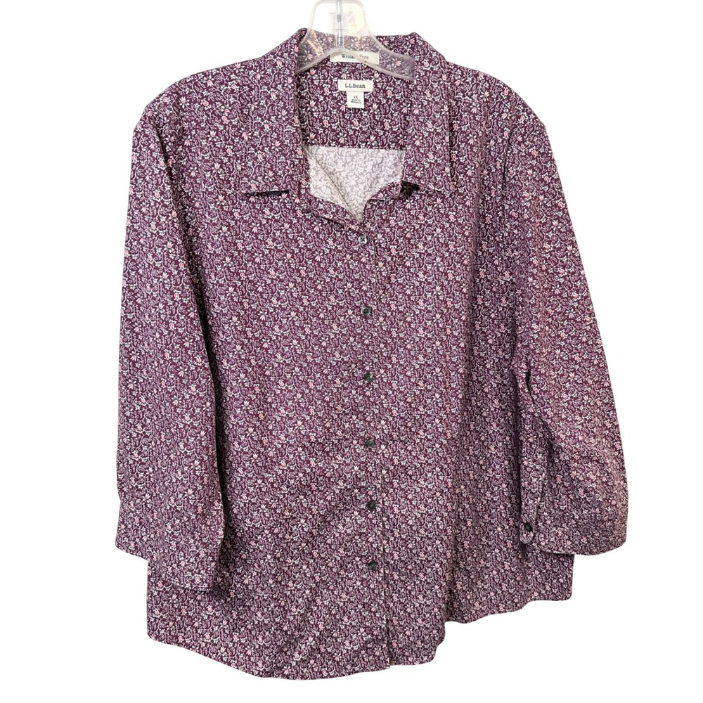 LL Bean Plus Size 1X Top Purple Floral Wrinkle Free Cotton Button Shirt 1459